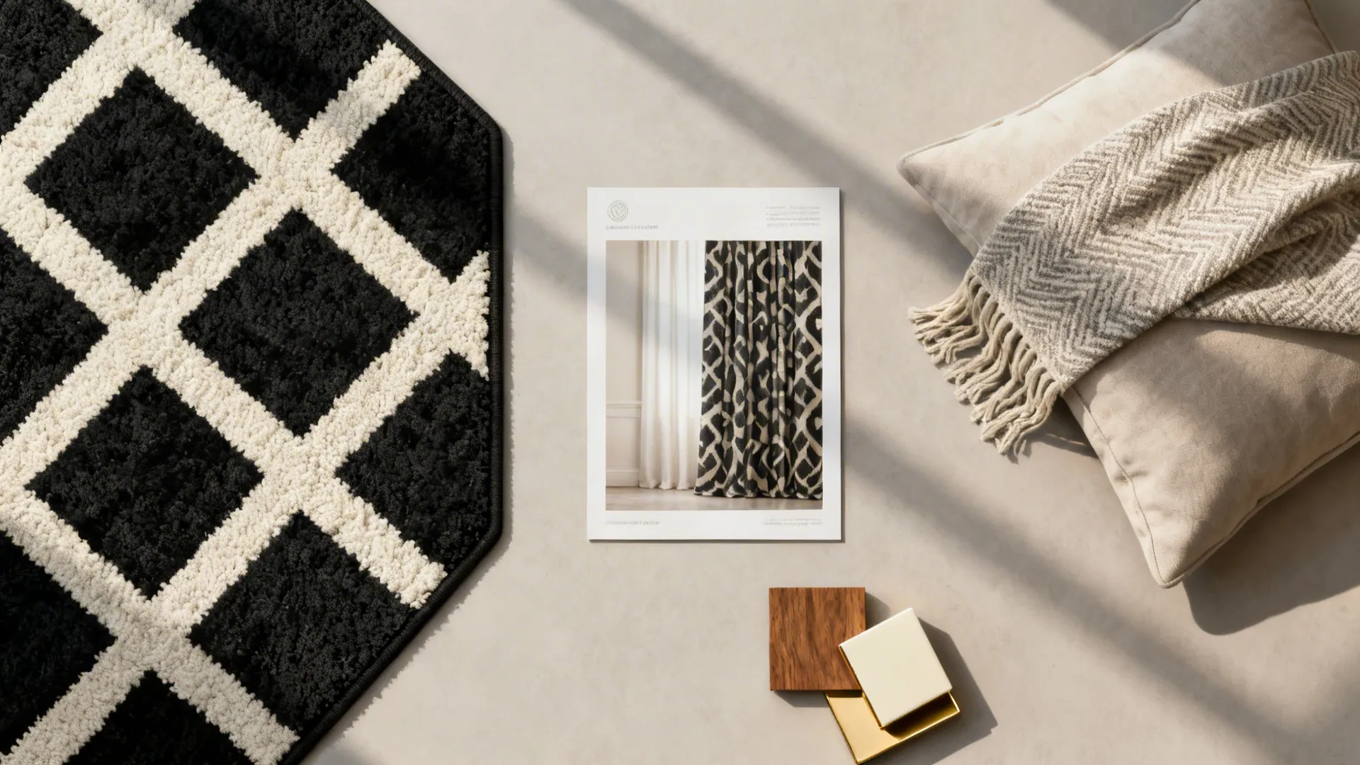 Flatlay of a black-and-cream geometric rug sample with curtain and cushion swatches