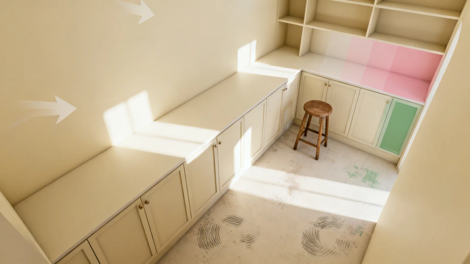 Top-down plan showing light bounce in a galley kitchen with cream walls and open shelving zones.