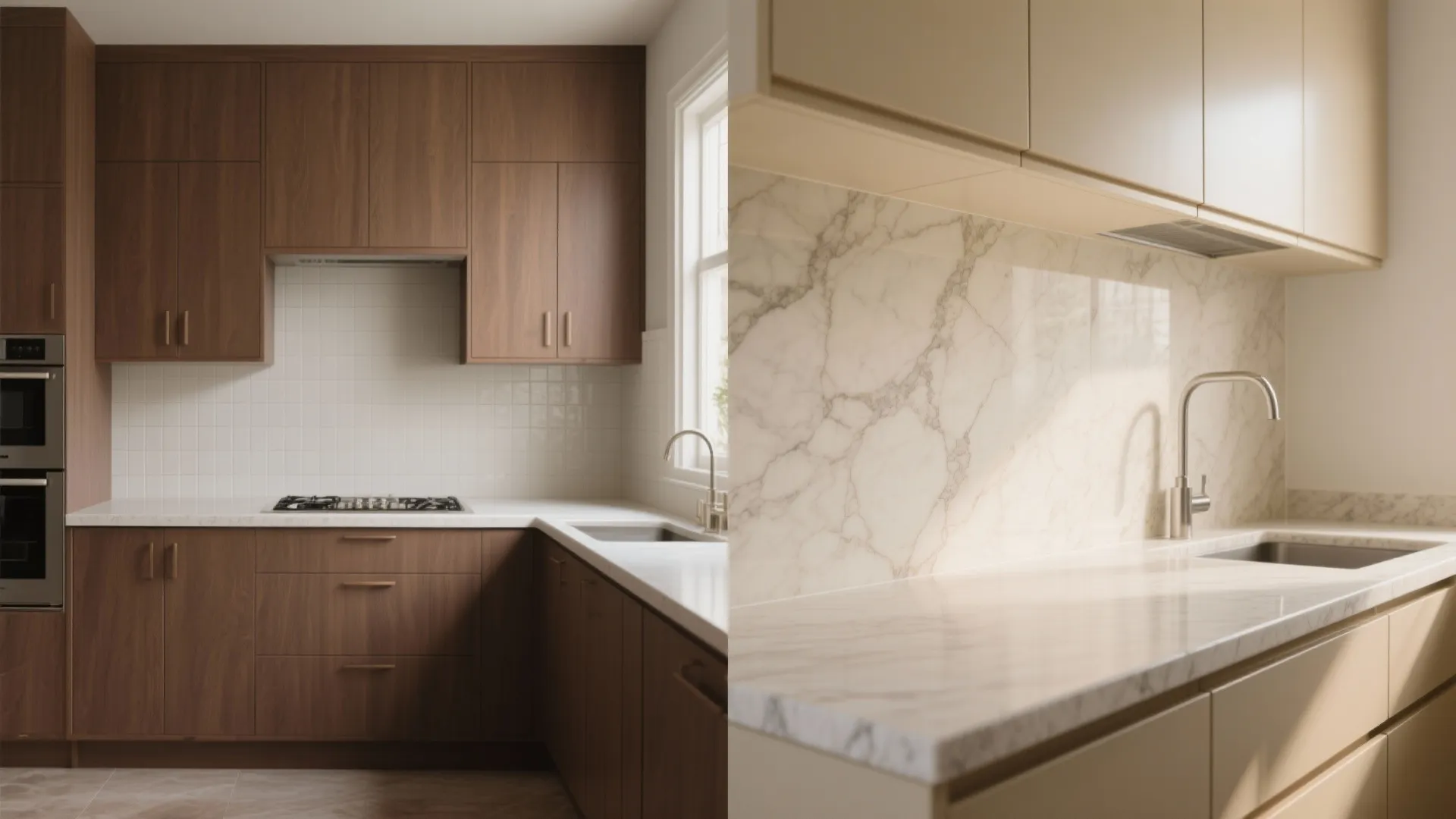 Dark wood kitchen cabinets compared with light cream cabinets featuring marble countertop and white marble