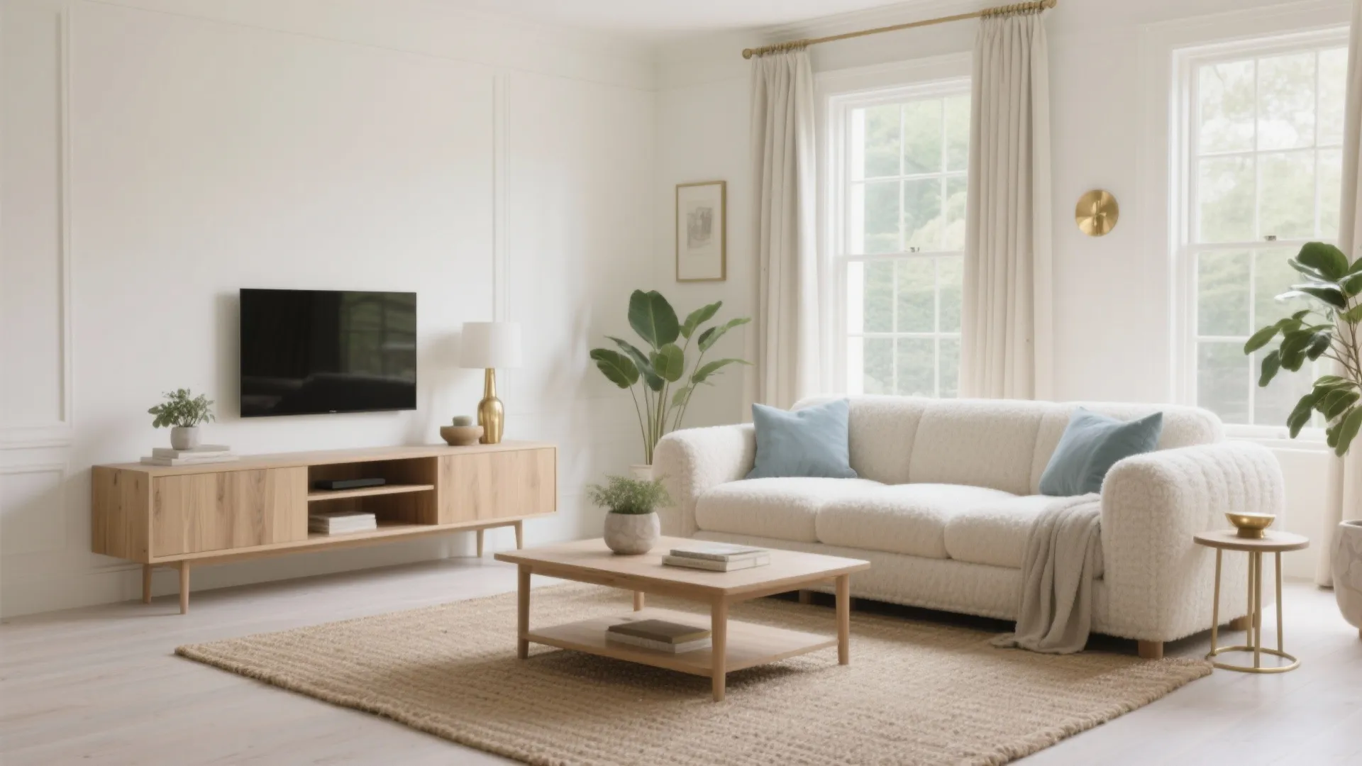 Modern living room with white sofa wooden cabinet television coffee table rug plants and cream