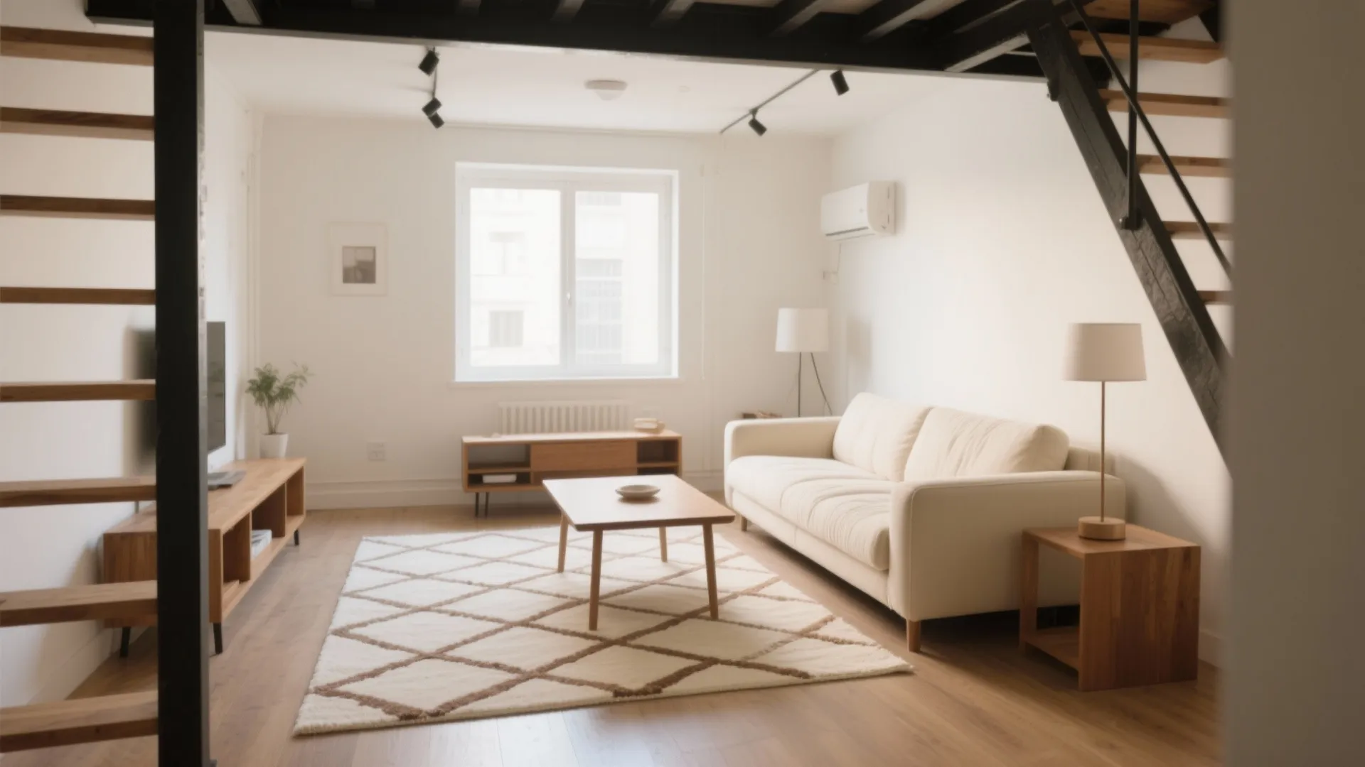 Cream area rug with subtle brown geometric patterns in a loft living room