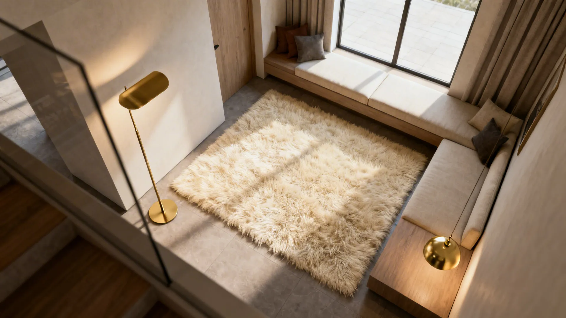 Layered cream rug with slim brushed-gold floor lamp and pendant in a compact living room.