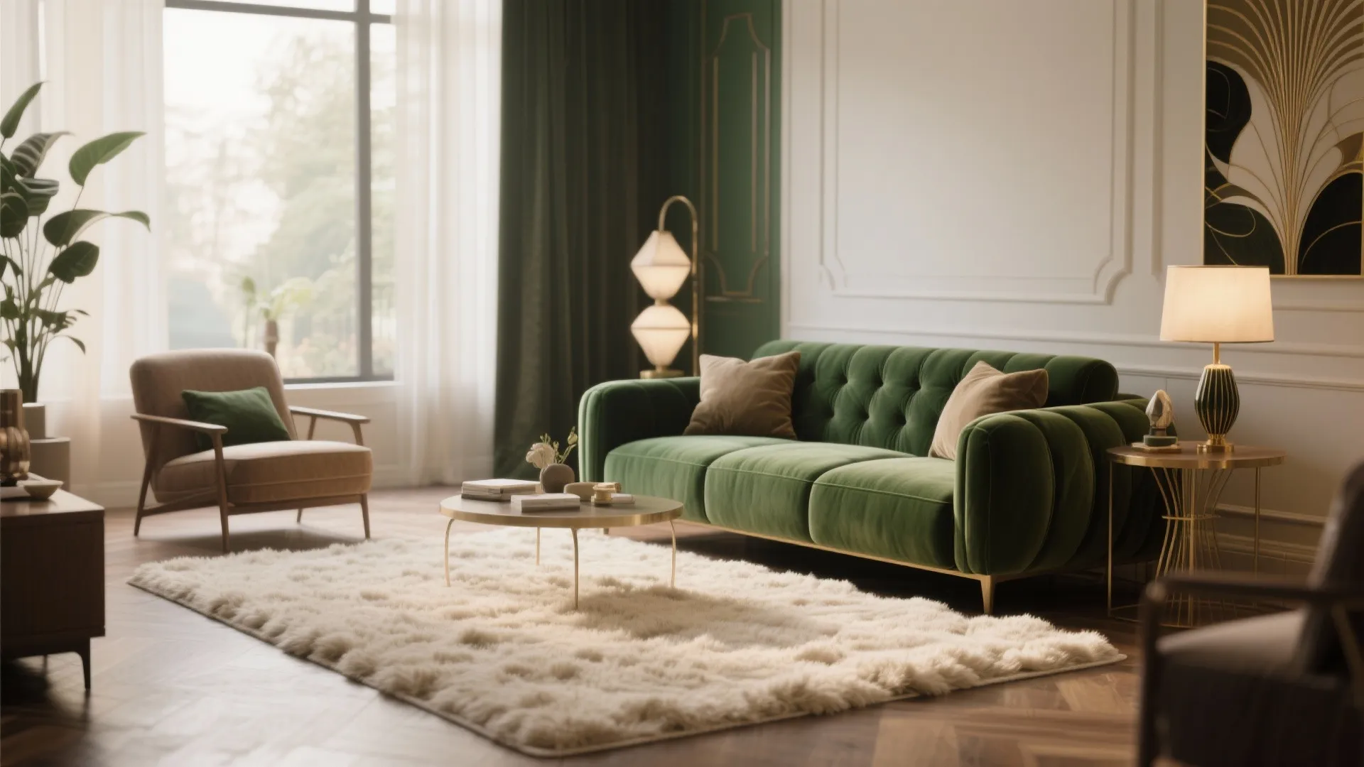 Cream rug under forest green loveseat in living room