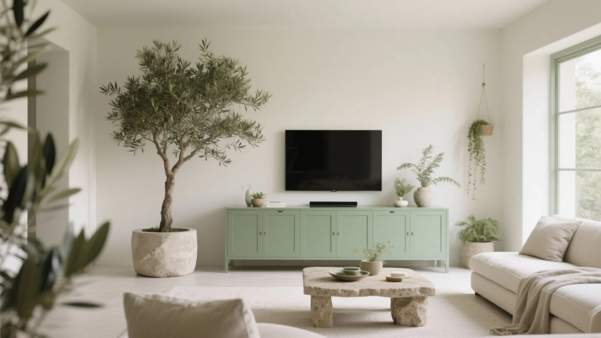 Modern living room featuring a green cabinet television large indoor tree stone table and white sofa