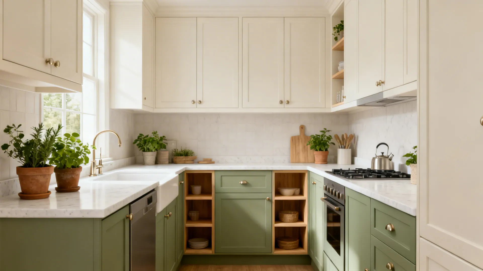 Cream and muted sage modular kitchen with light oak shelves in a calm L-shaped layout.