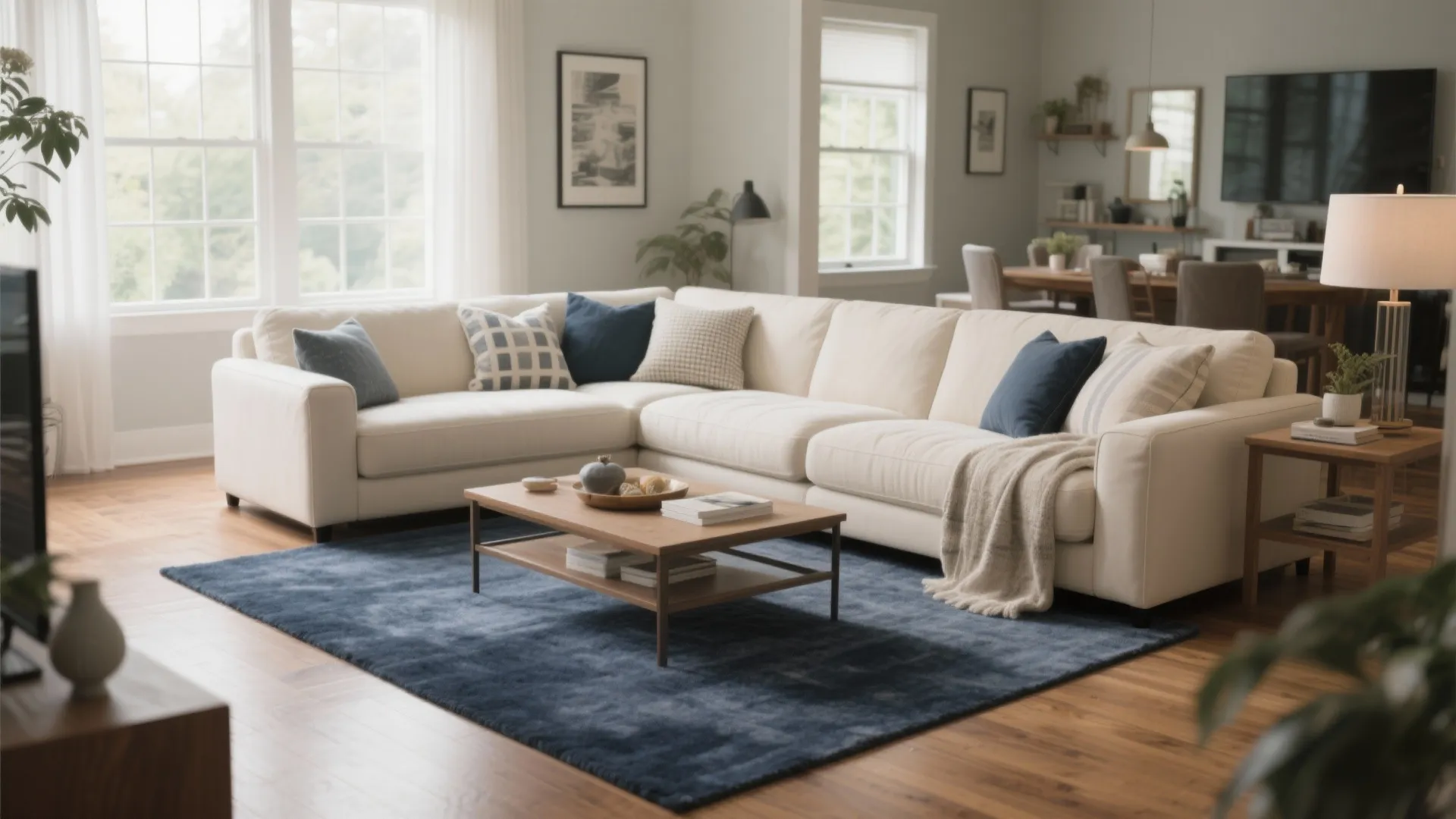 8. Cream Sectional with Navy Area Rug