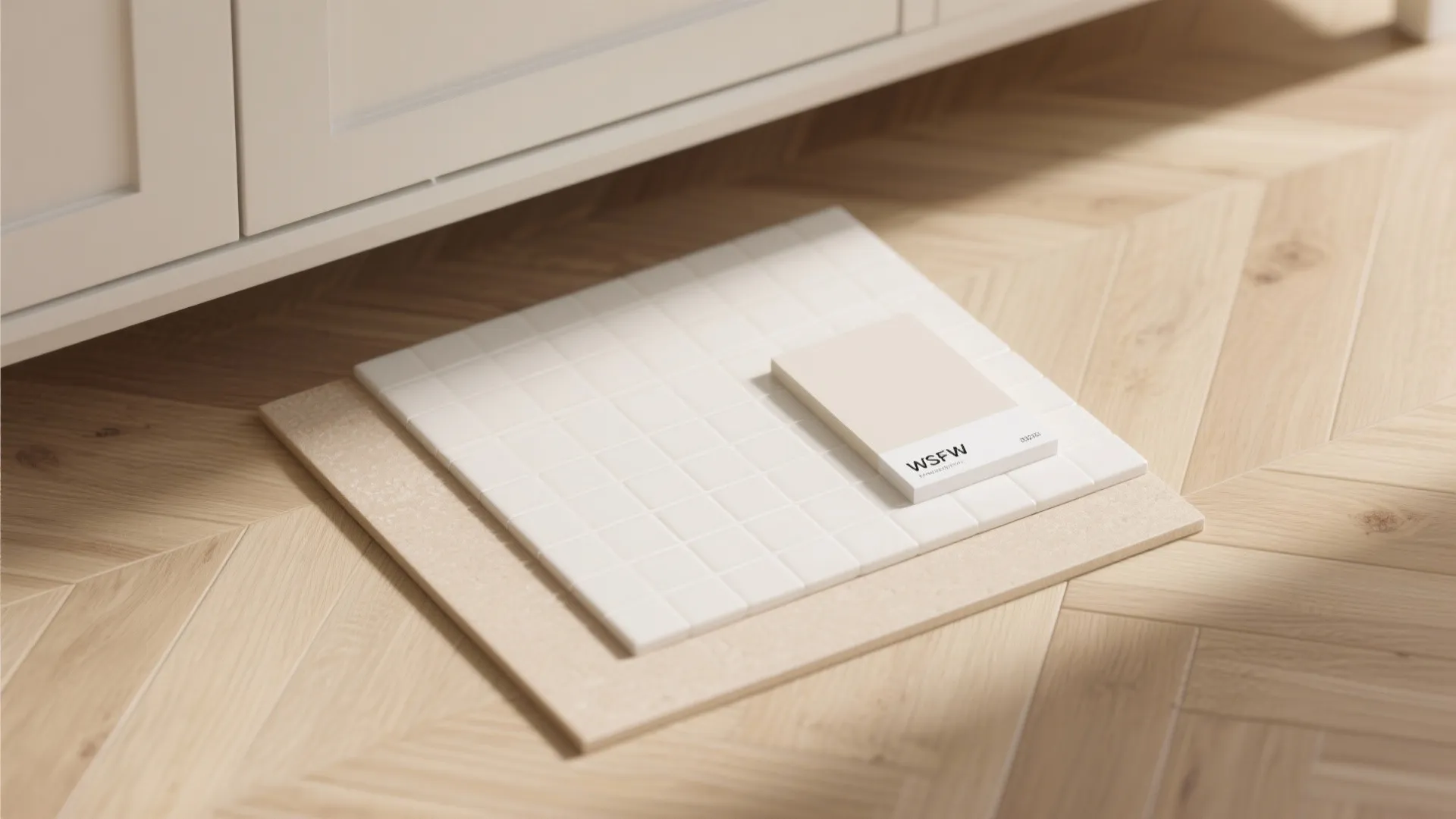 Material samples and tiles placed on wooden floor next to a white cabinet for renovation