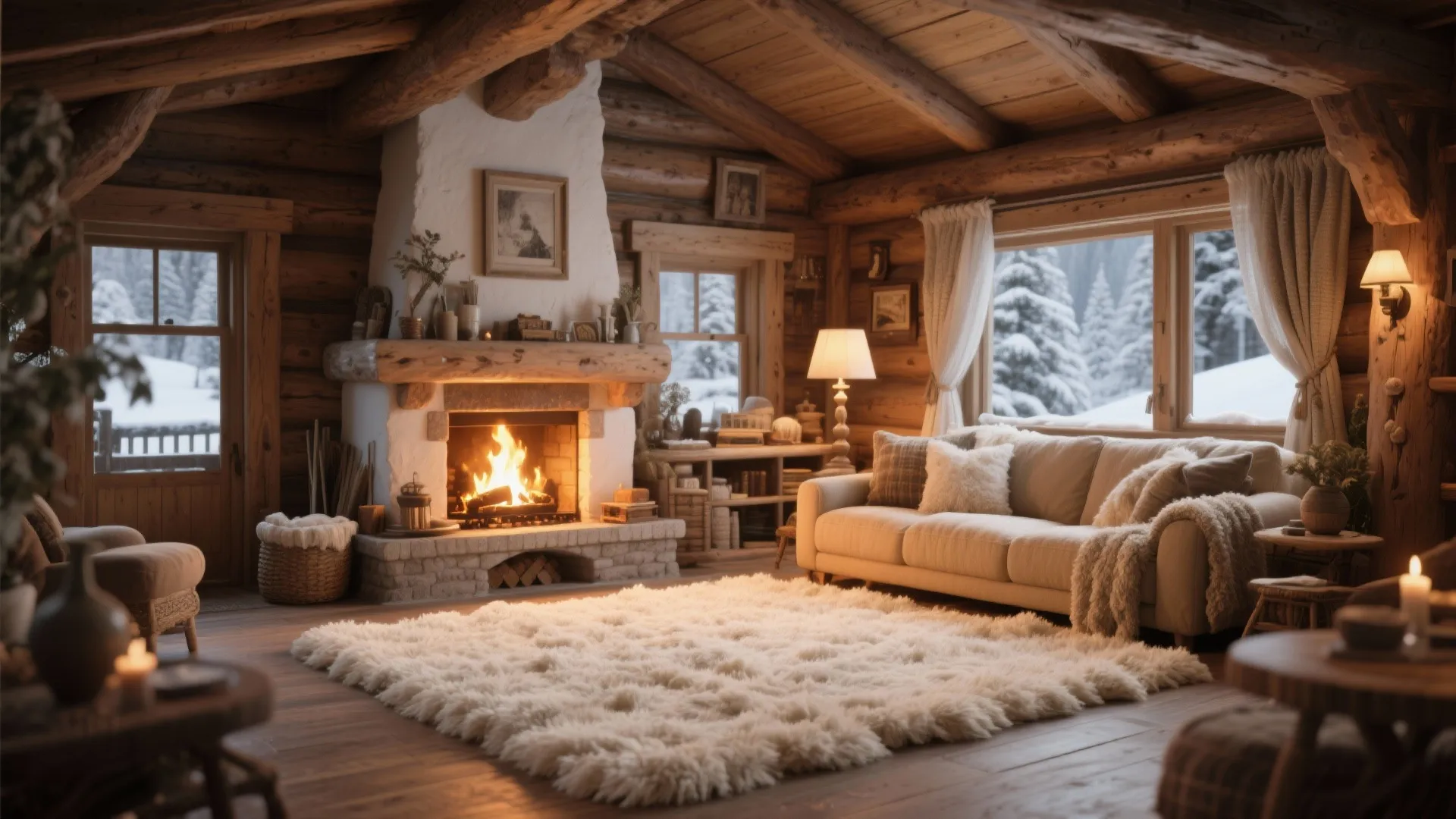 Cream shag 8x10 rug in a cozy chalet-style living room