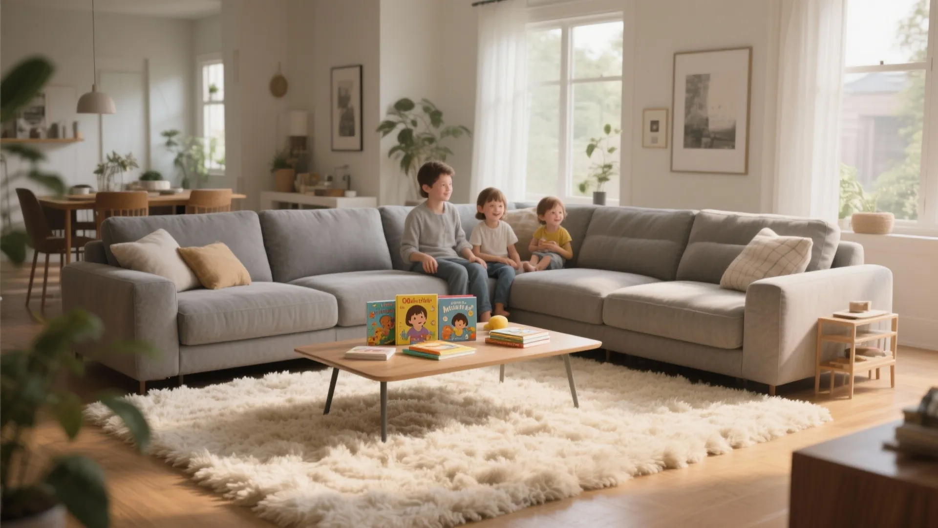 Grey sectional and cream shag rug in family living room
