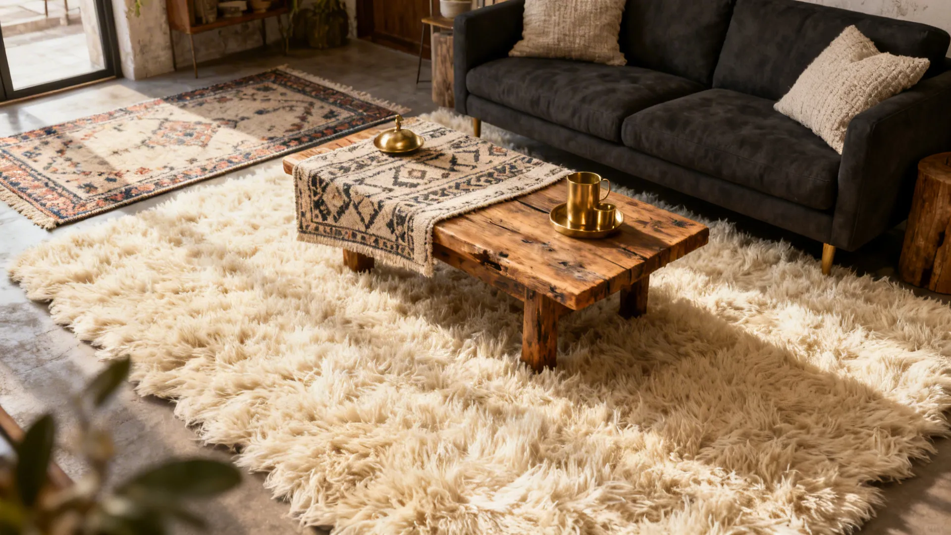 Modern living room featuring a dark sofa wooden coffee table and large cream shaggy rug