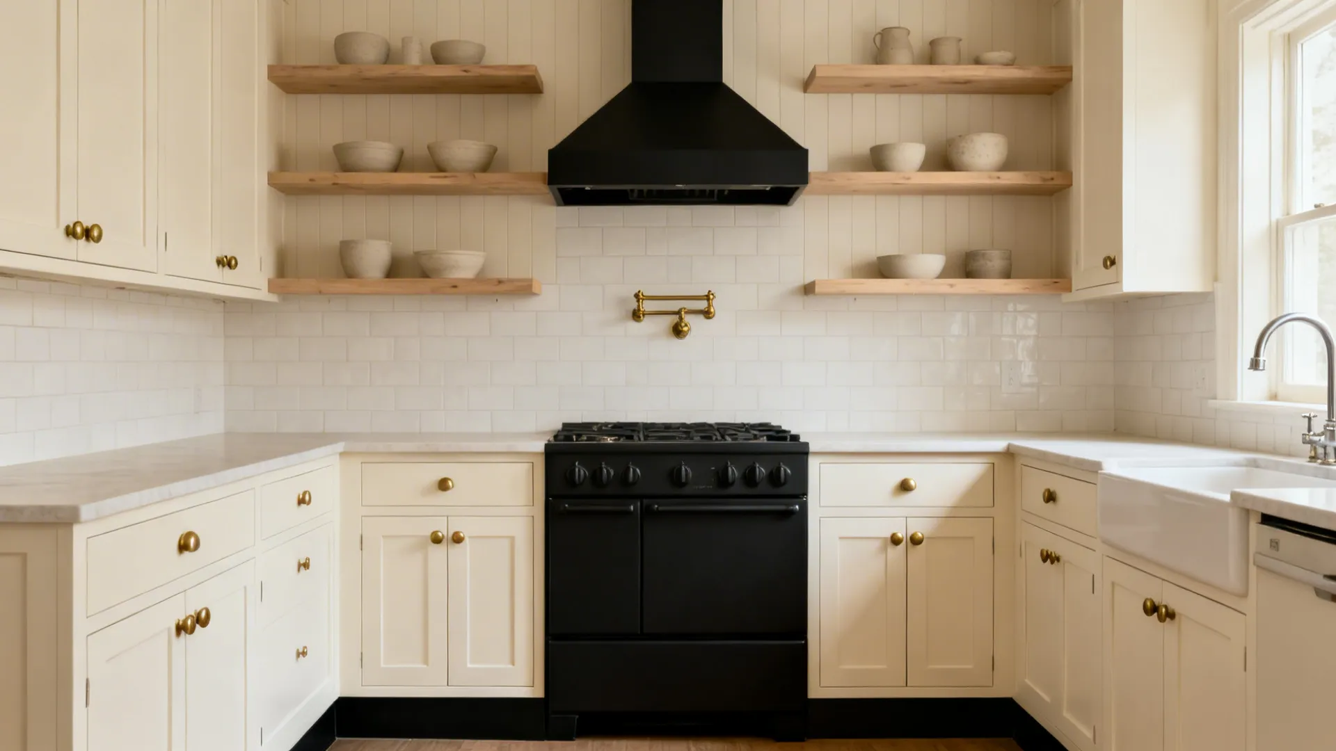 Cream shaker cabinetry with a matte black range, aged brass knobs, and a black hood insert.