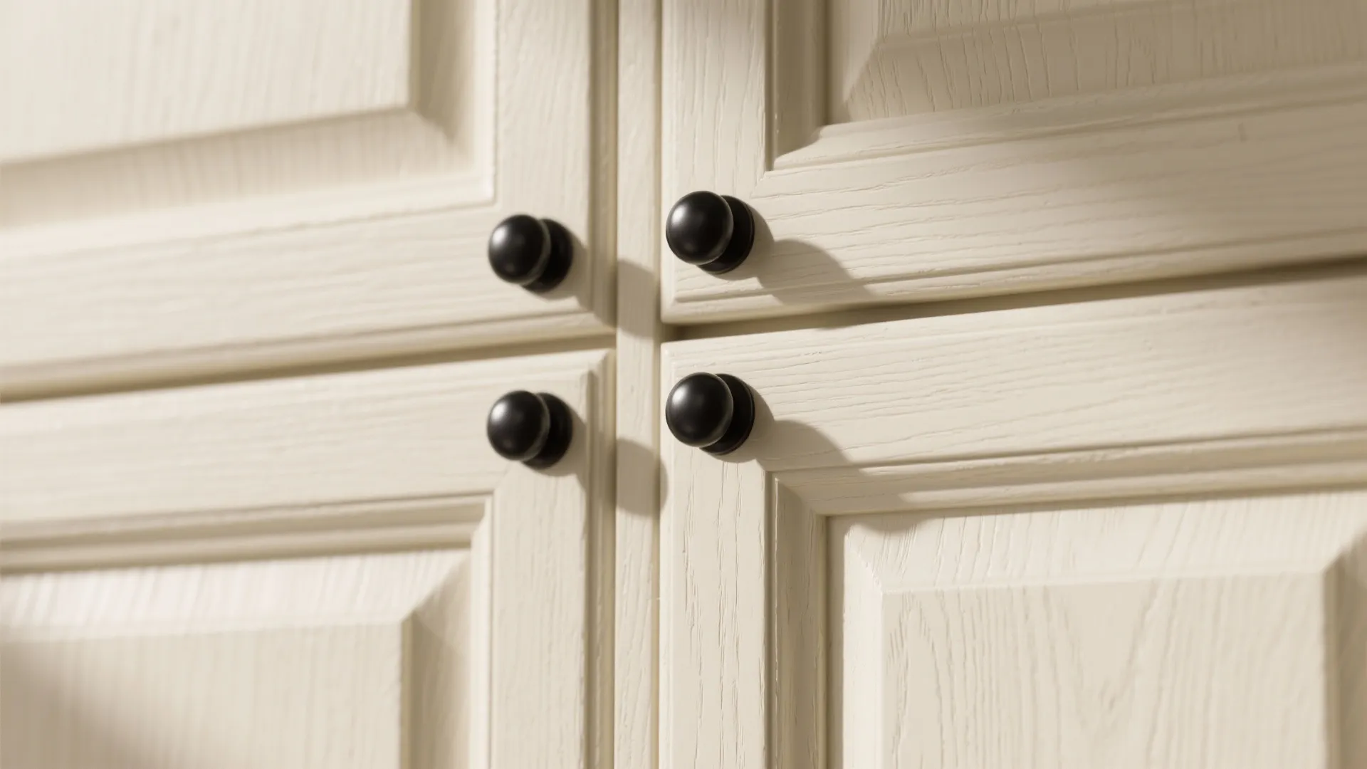 Close up view of cream colored kitchen cabinet doors with round black metal handles and detailing