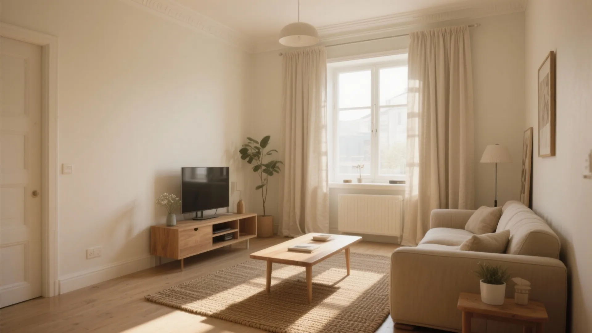 Minimalist cream living room featuring wooden cabinet television beige sofa coffee table rug and natural light