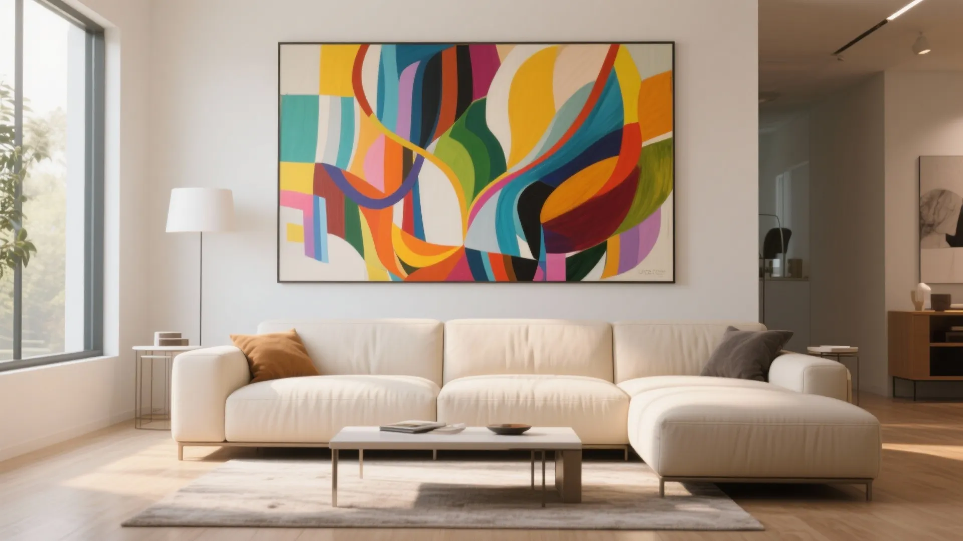 8. Cream Furniture with Bold Artwork