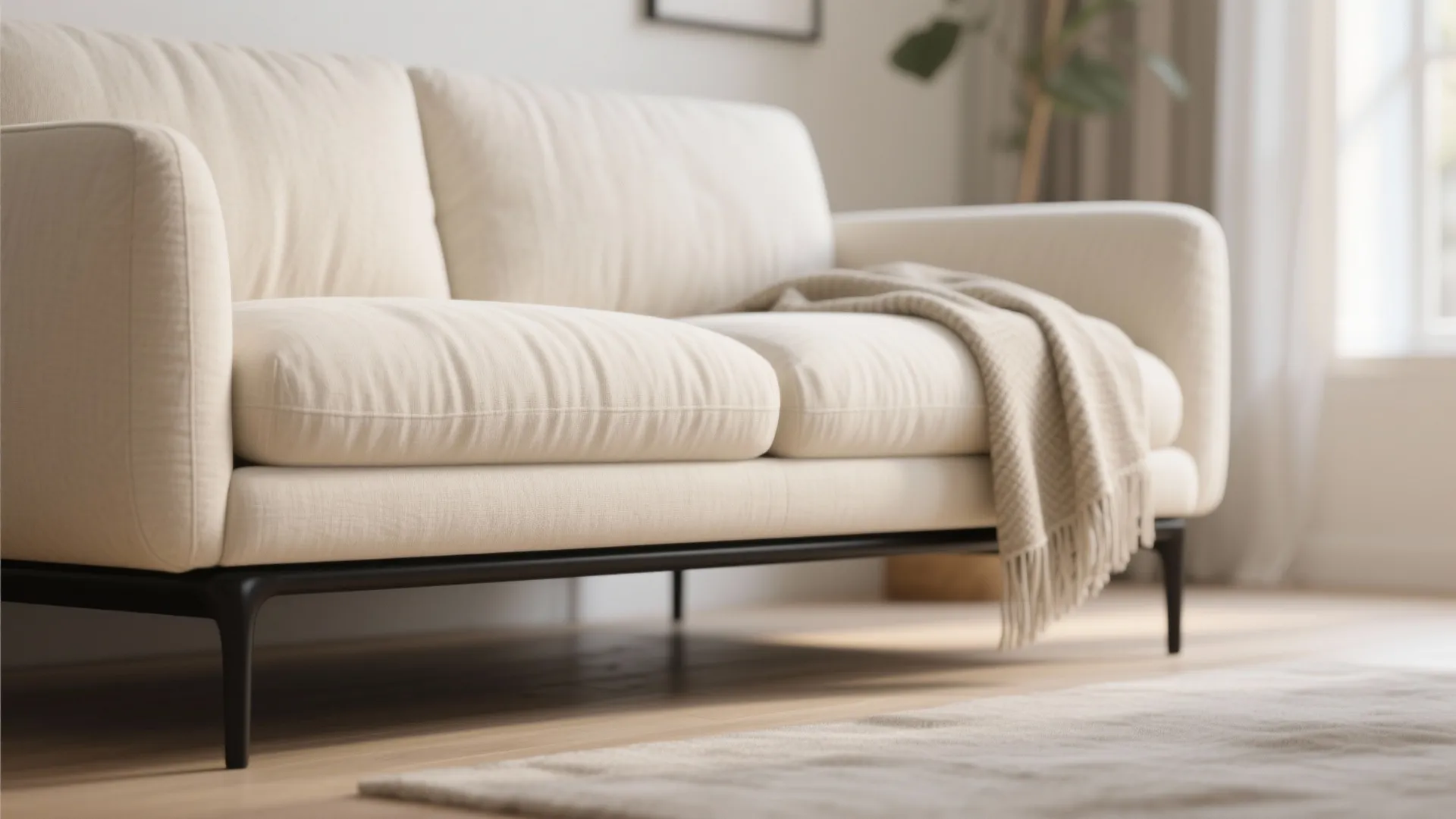 Cream sofa with black metal legs in close-up detail