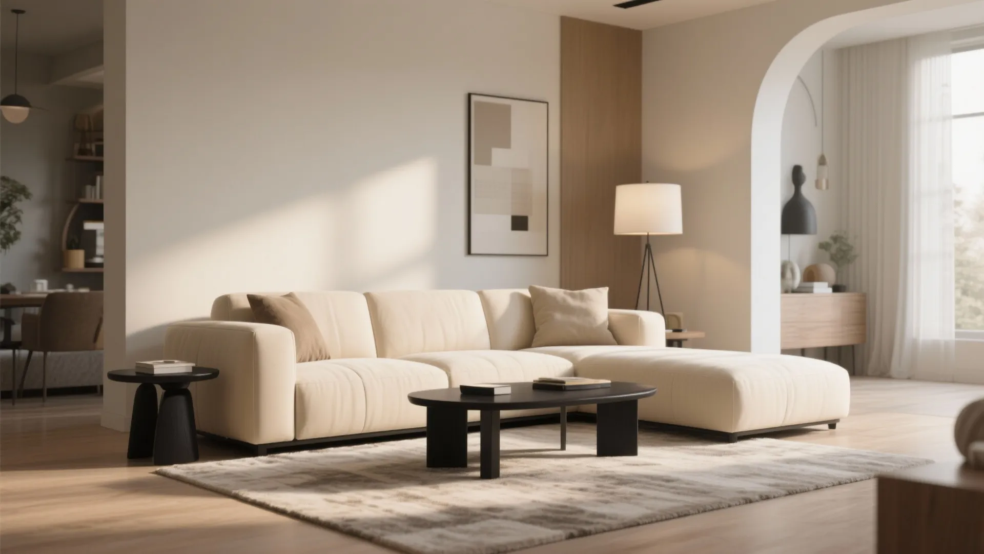 Cream sofa with contrasting black side tables