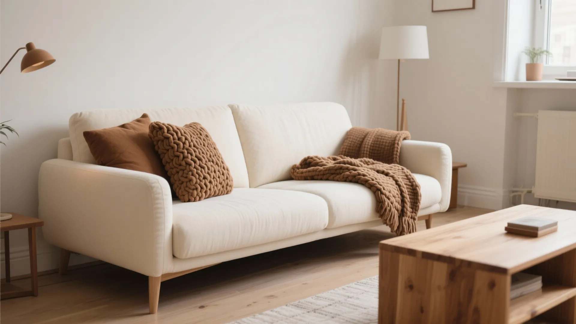 1. Minimalist Cream Sofa with Textured Brown Accents
