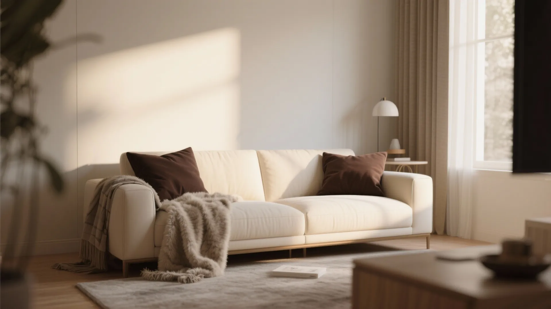 Cream sofa with brown pillows and fuzzy blanket in sunlit room with large window and curtains