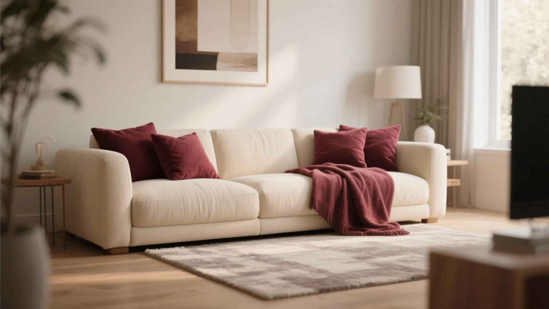 2. Cream Sofa with Burgundy Throw Pillows