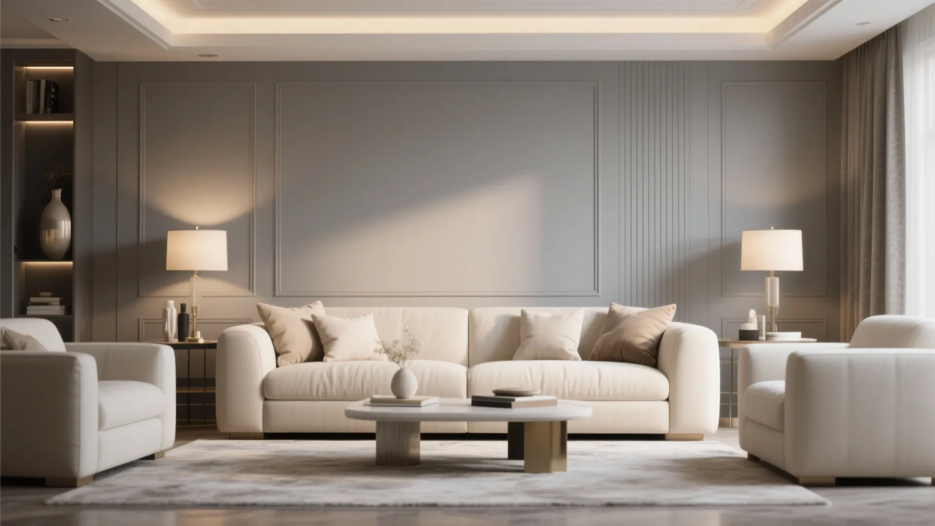 Elegant living room with cream sofa, grey wall panel, two table lamps, and marble table