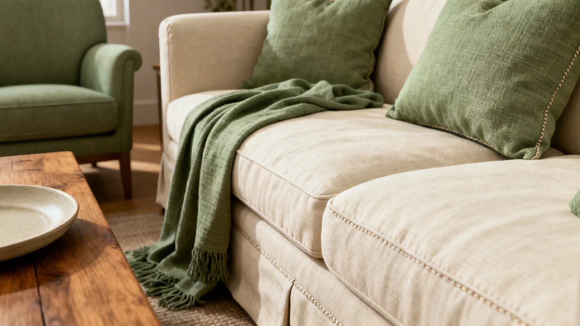 Close-up of cream sofa fabric with sage throws and pillows, showing removable covers and texture.