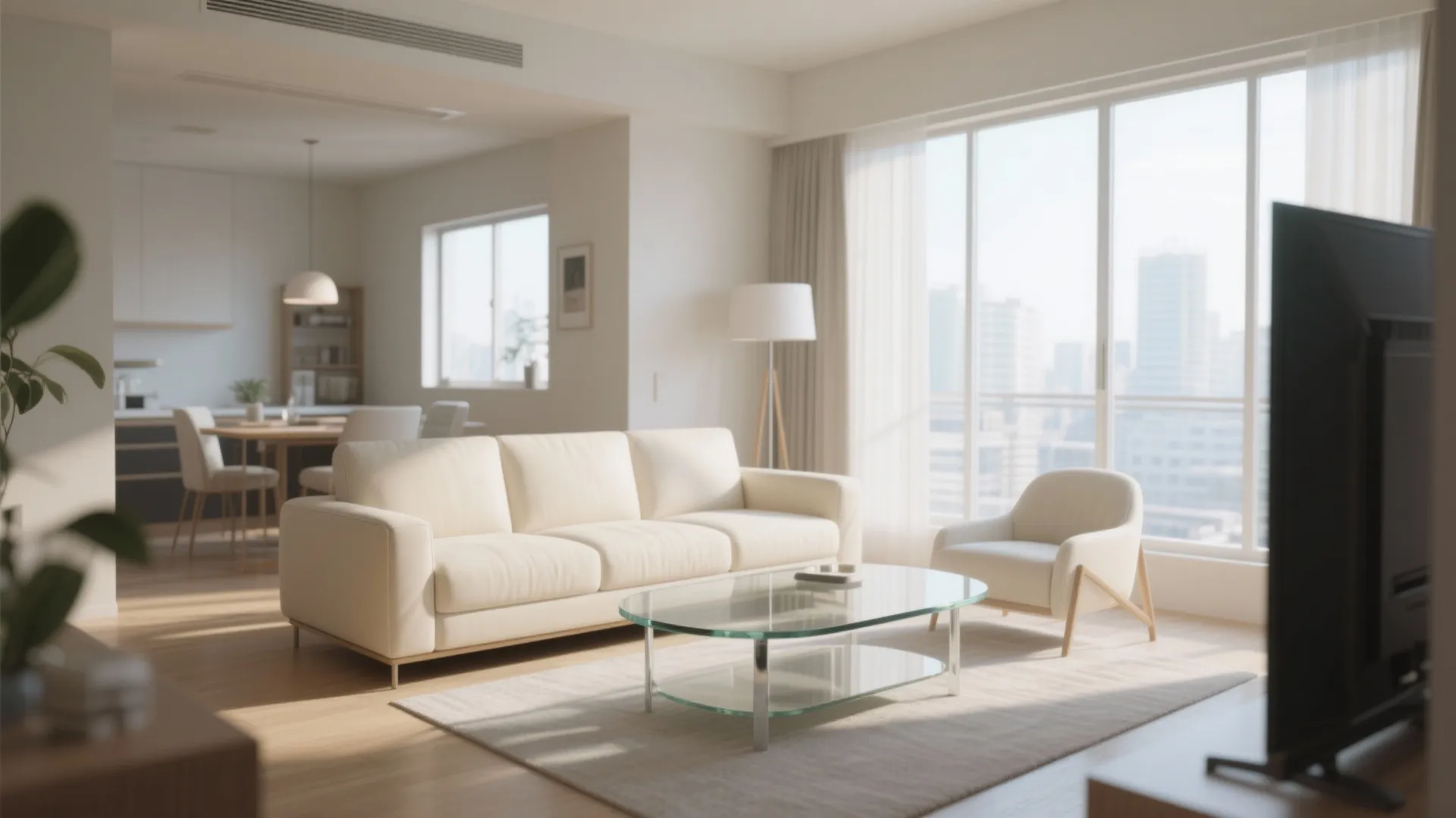 5. Cream Sofa with Glass Coffee Table