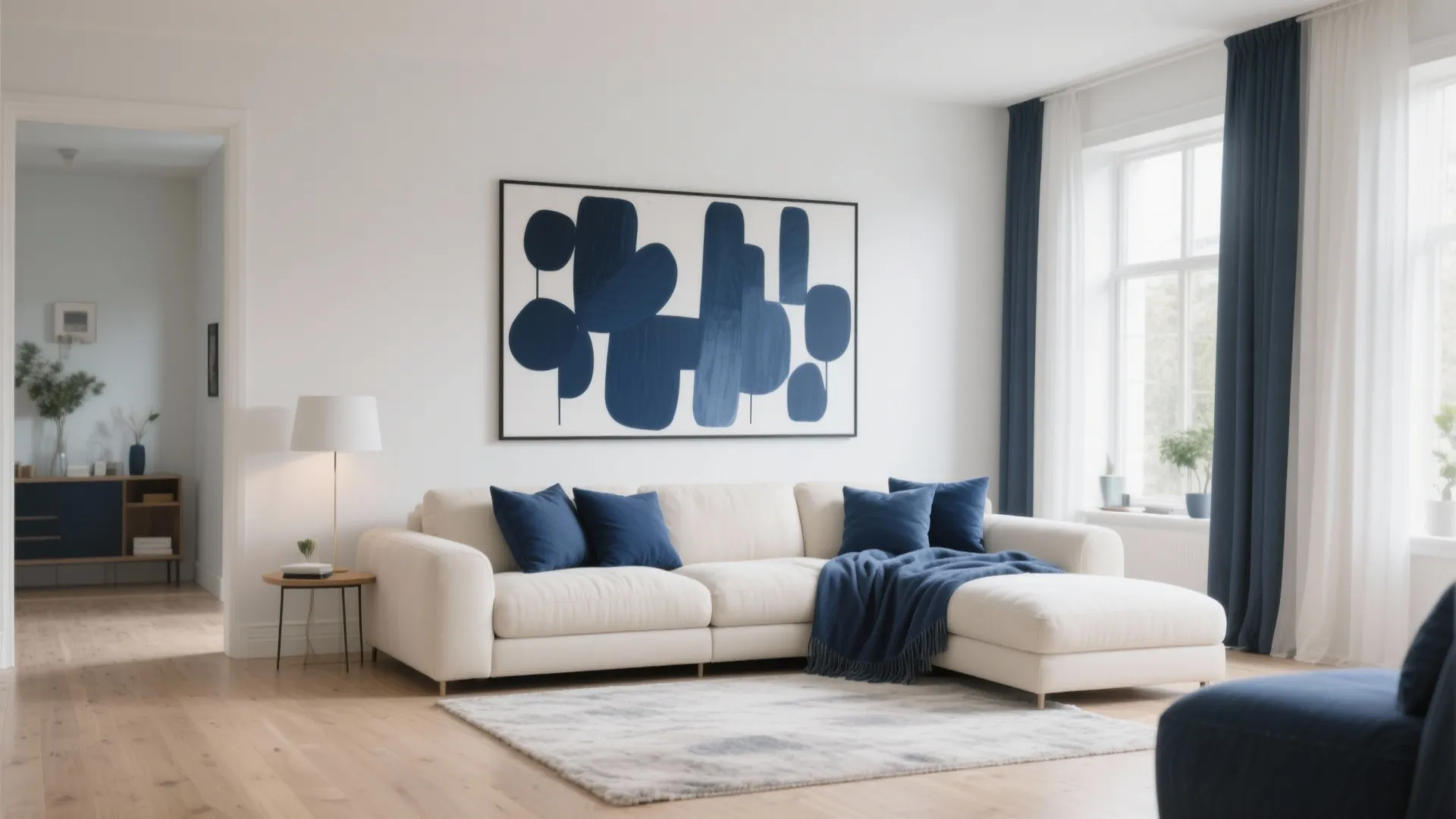 2. Cream Sofa with Navy Accents