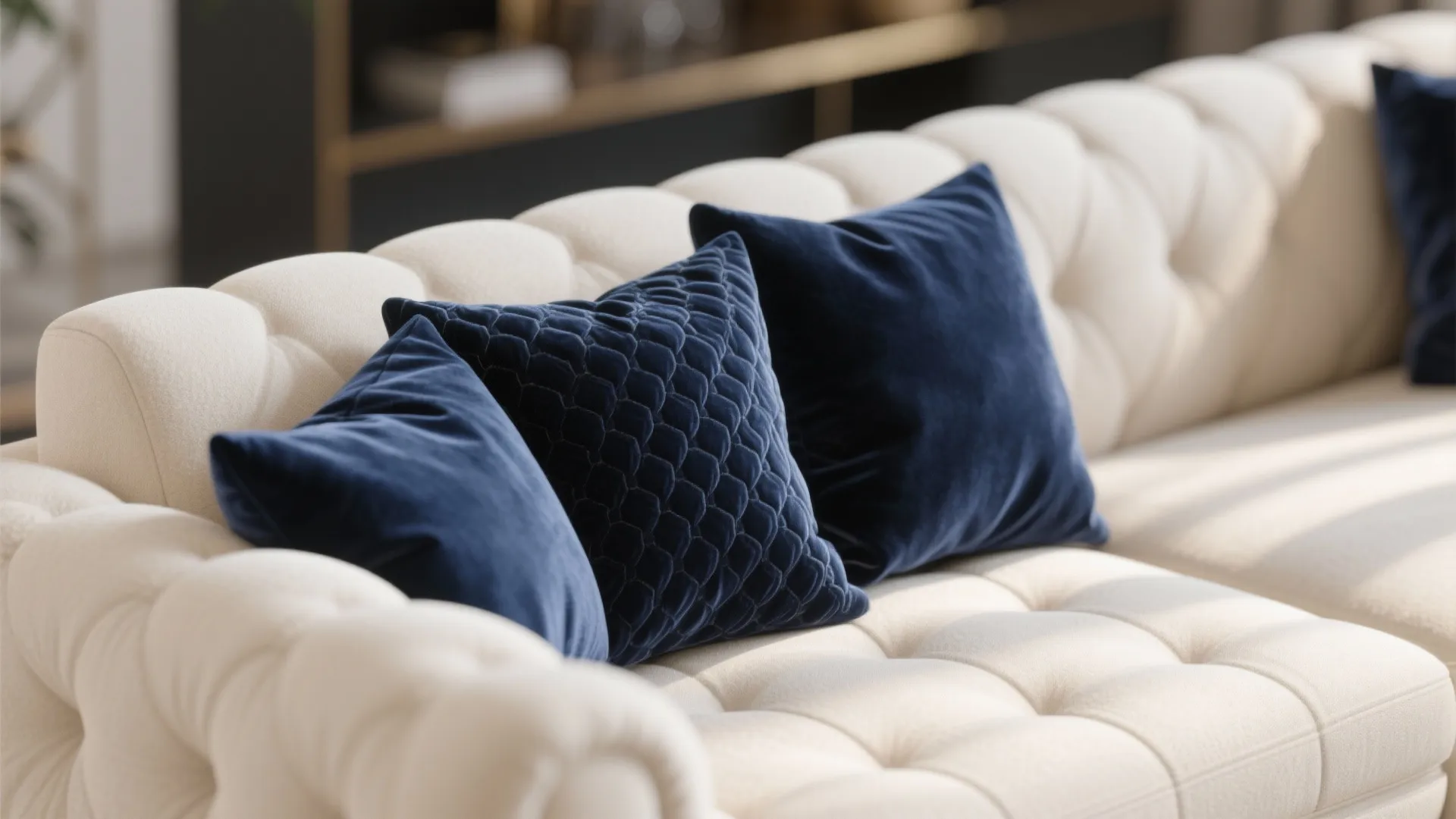 2. Cream Sofa with Navy Cushions