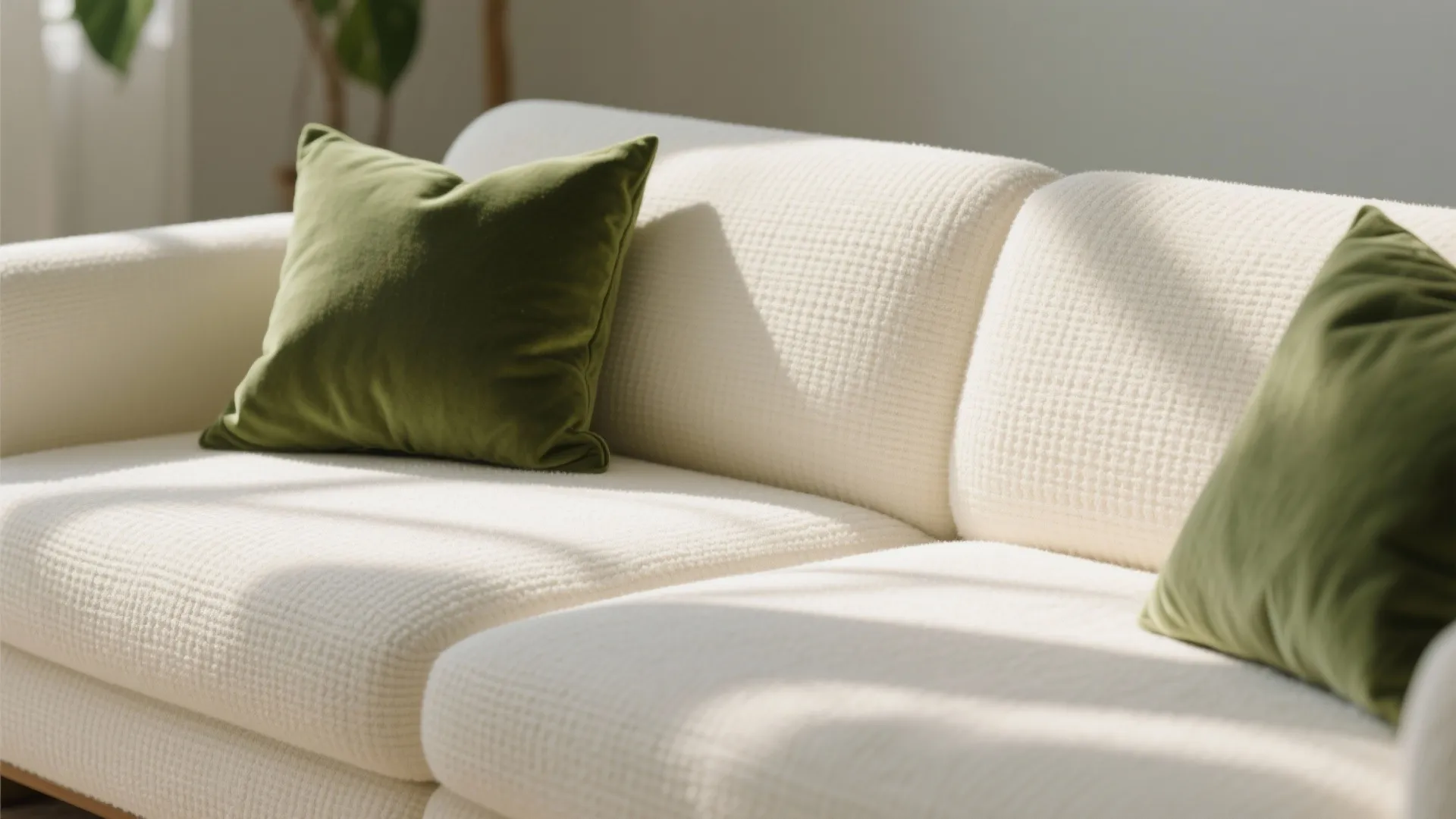 2. Cream Sofa with Olive Throw Pillows