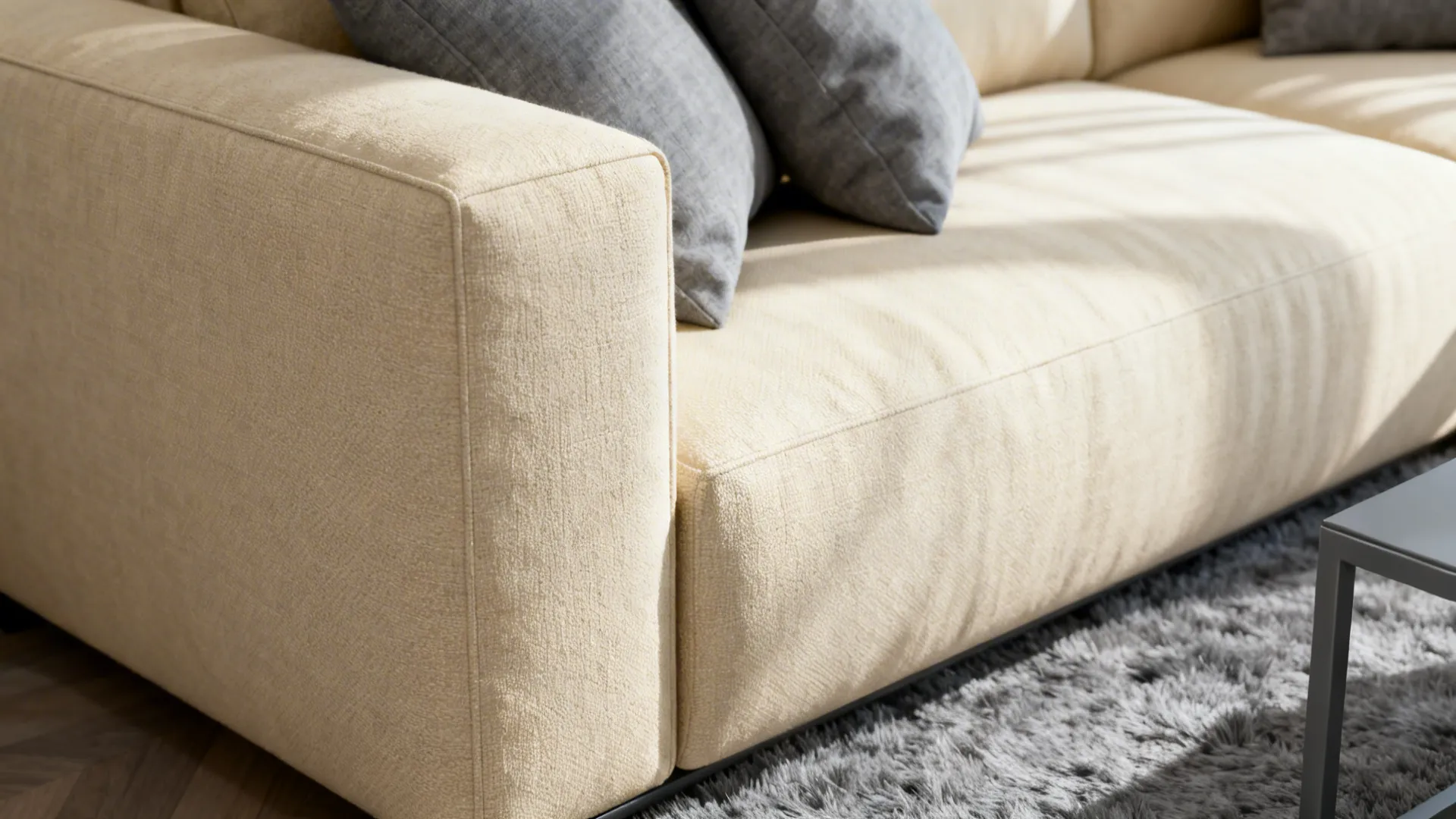 Cream sofa with grey pillows on a soft grey rug with warm sunlight and table