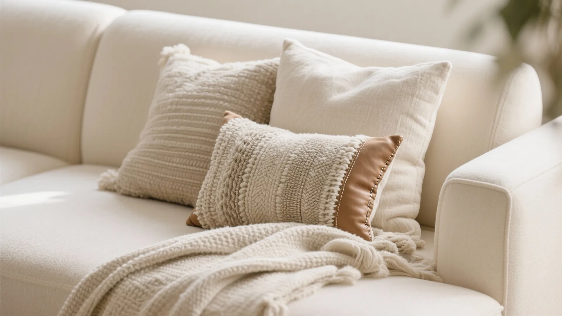 Close up of cream sofa with textured pillows and soft blanket in a cozy living room