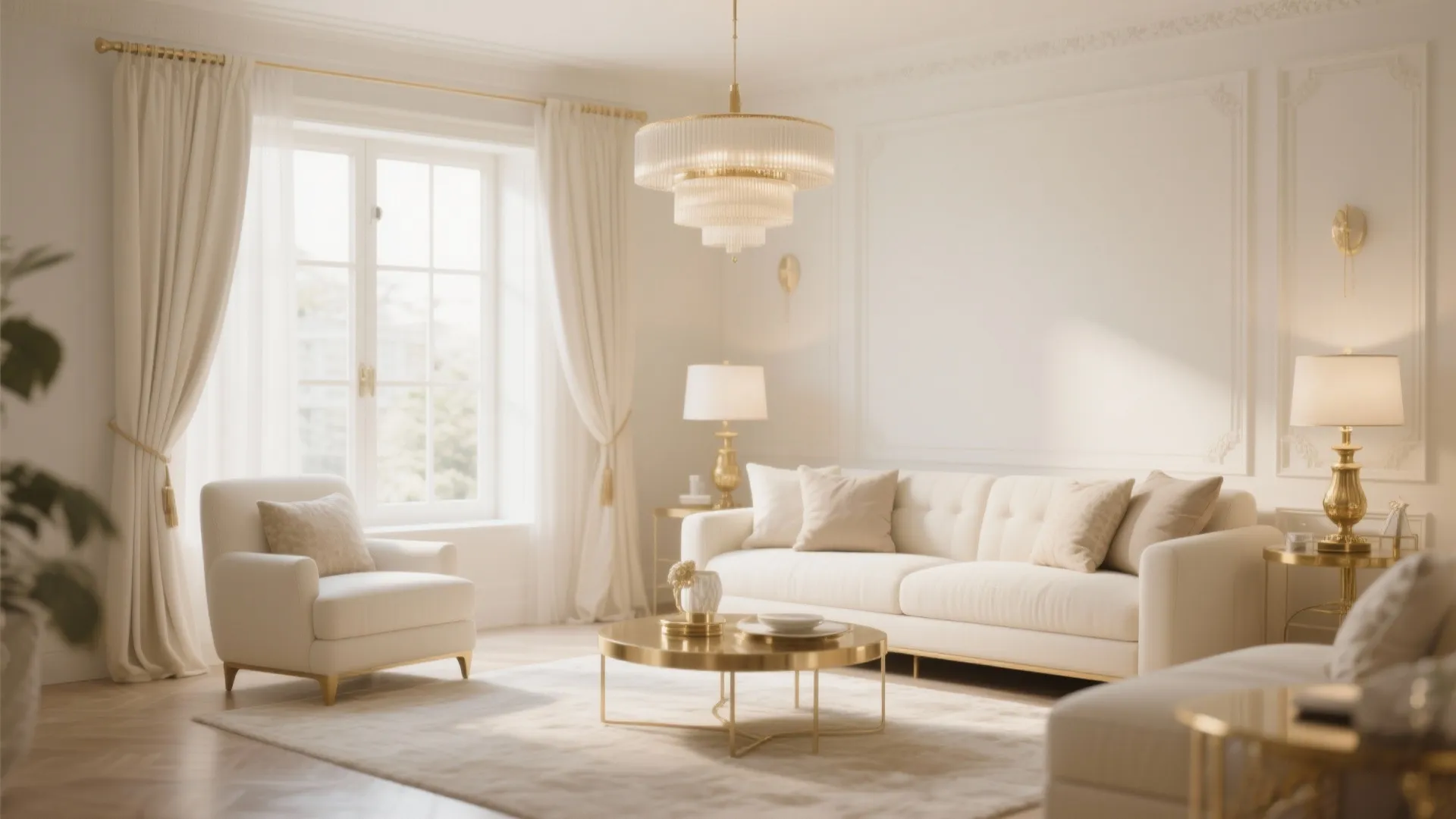 Elegant white living room with gold ceiling light cream sofa golden coffee table and white curtains
