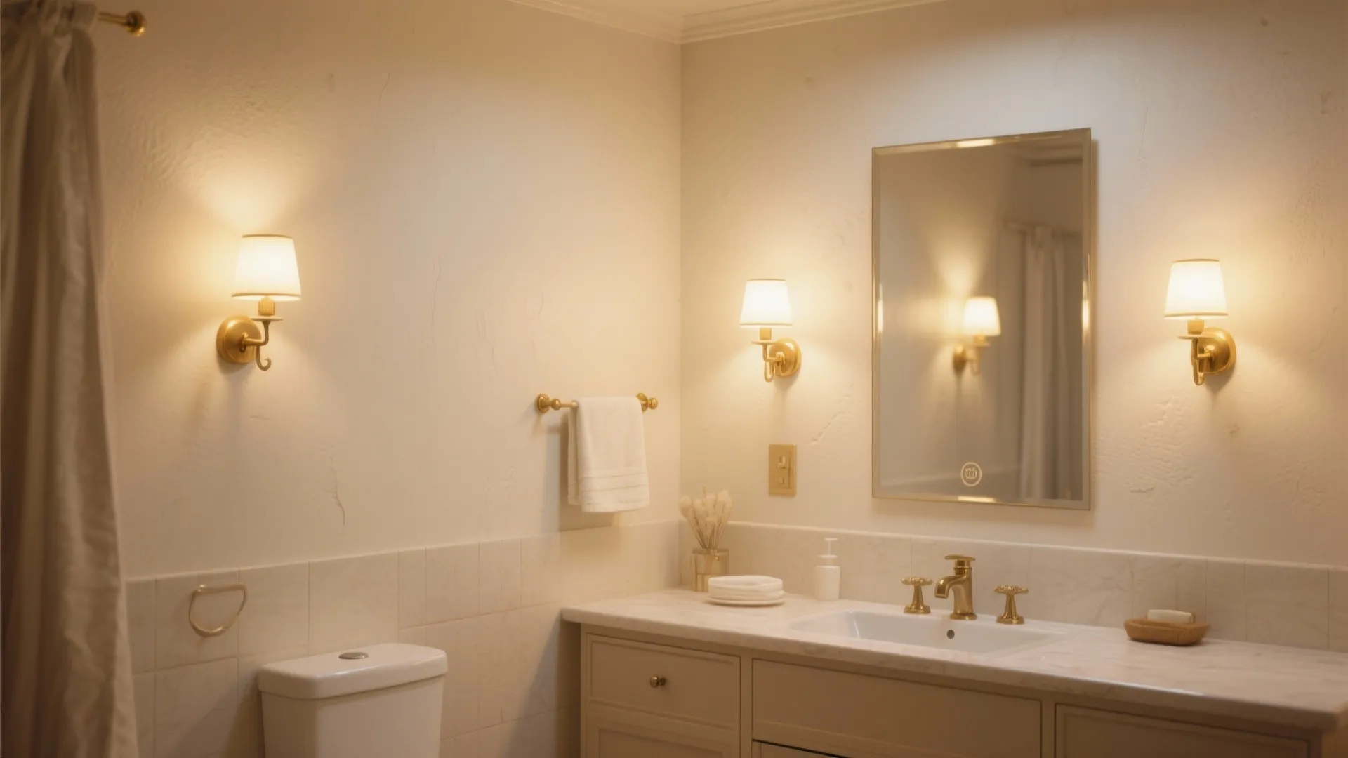 Warm cream bathroom with marble counter gold faucet mirror and three soft yellow wall lights