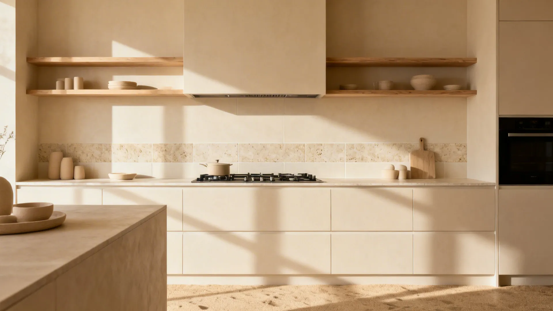 Kitchen with matte cream tiles and a travertine-look accent band in a warm coastal palette.