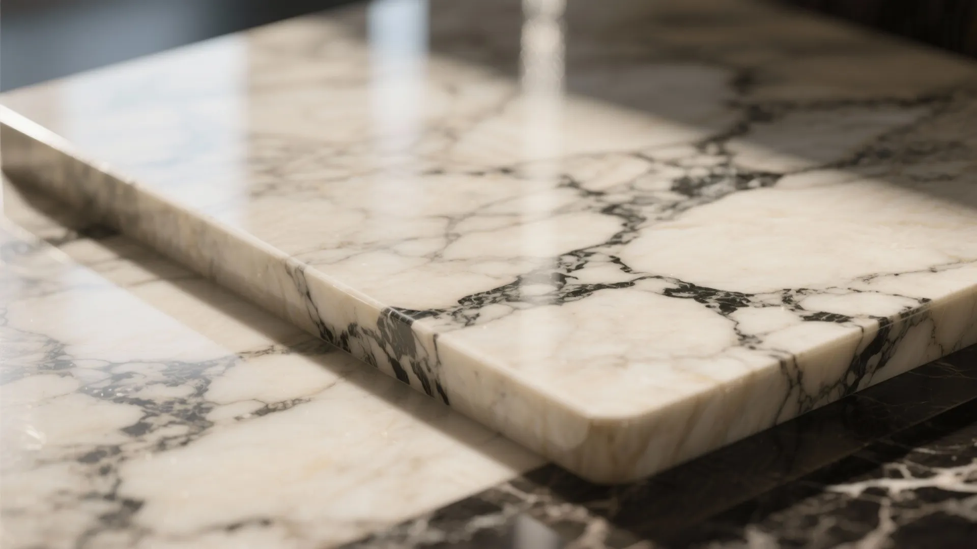 Close up of a polished white marble countertop surface with natural dark grey stone veins