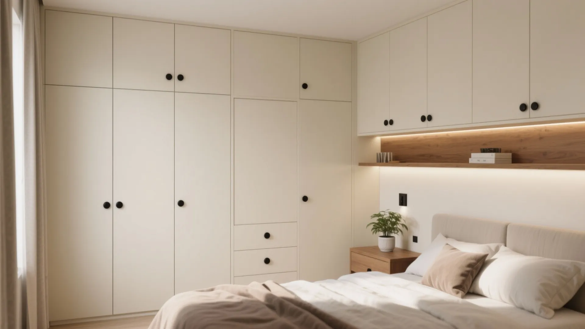 Built-in cream storage with matte black knobs in a small bedroom, keeping the room airy and organized.
