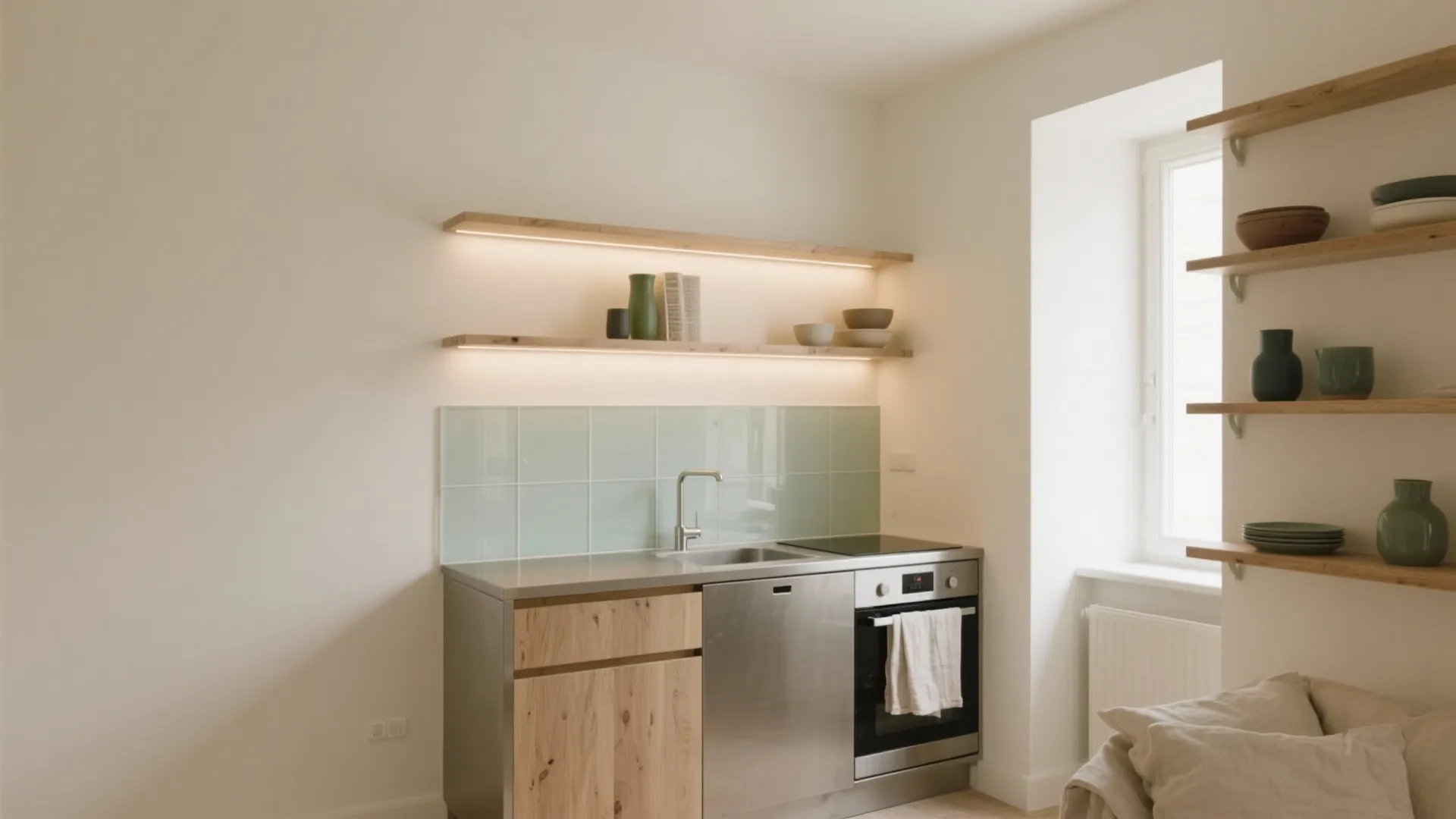 Compact studio kitchen with metal sink wood cabinet light green tiles and warm shelf lighting