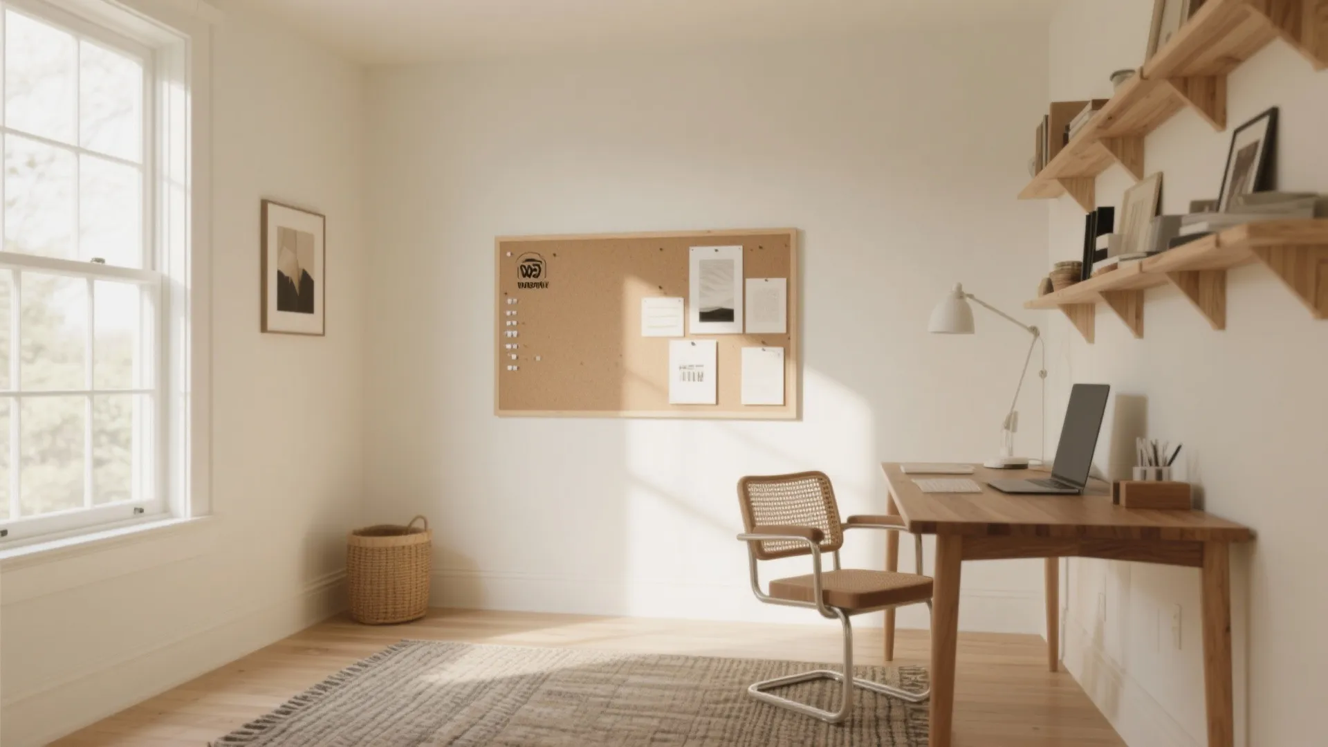 Minimalist study room with white walls wooden desk cork board basket rug and large window