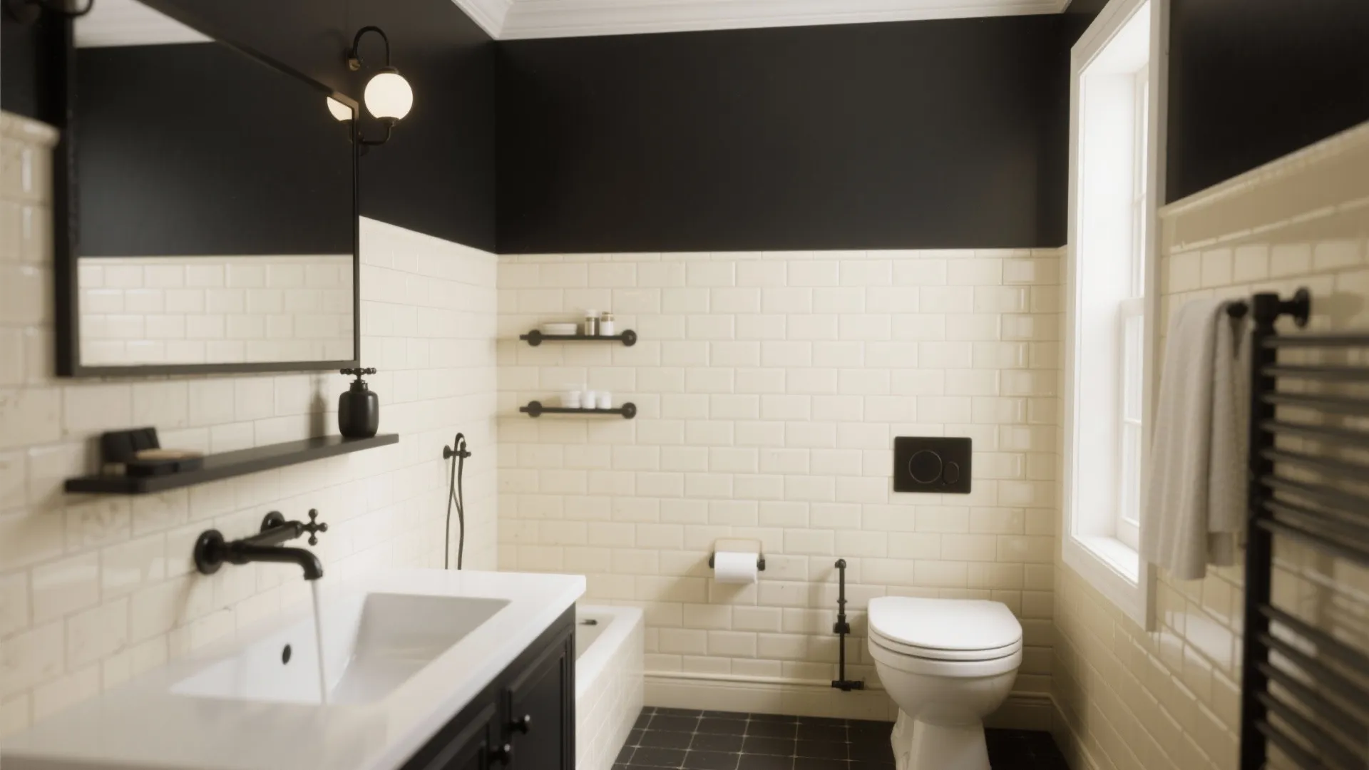 Modern bathroom featuring black upper walls cream subway tiles white sink and black metal fixtures