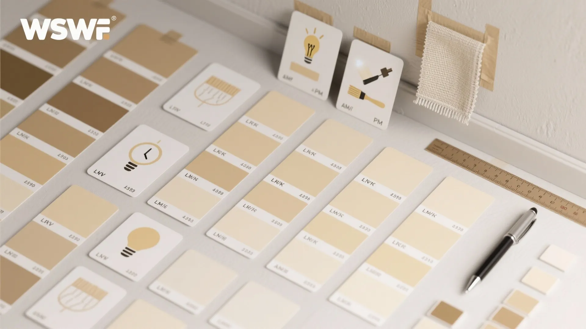 Various cream and beige color swatches arranged on a table with pen ruler and icons