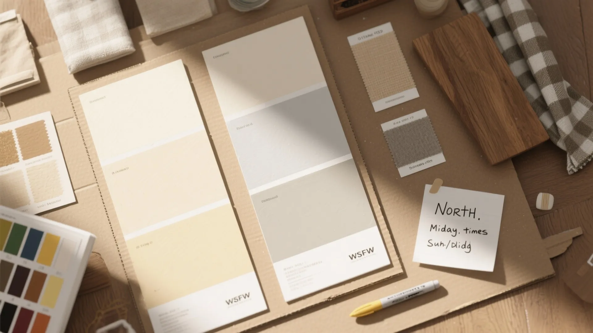 Interior design mood board with cream paint swatches wood samples fabric textures and a yellow pen