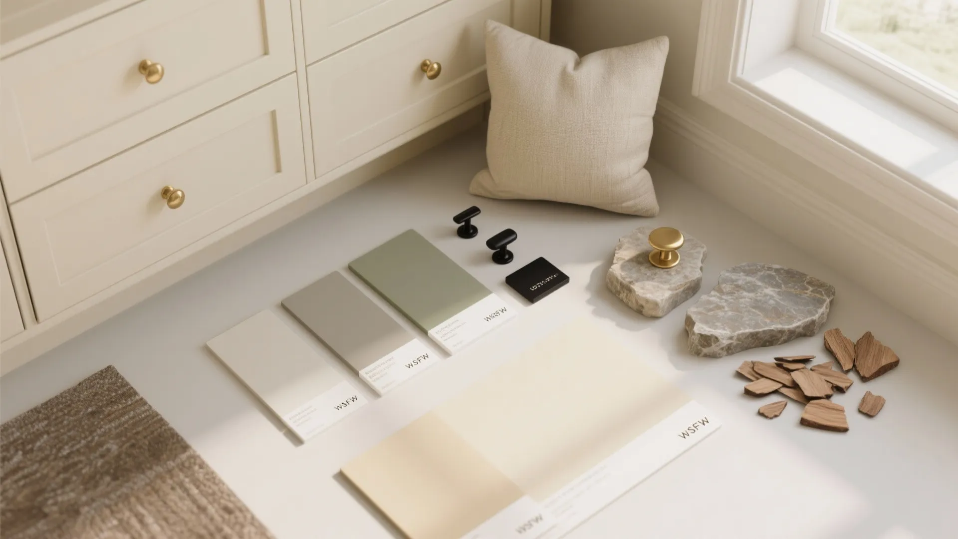 Top-down flatlay of cream paint swatches, hardware and material samples