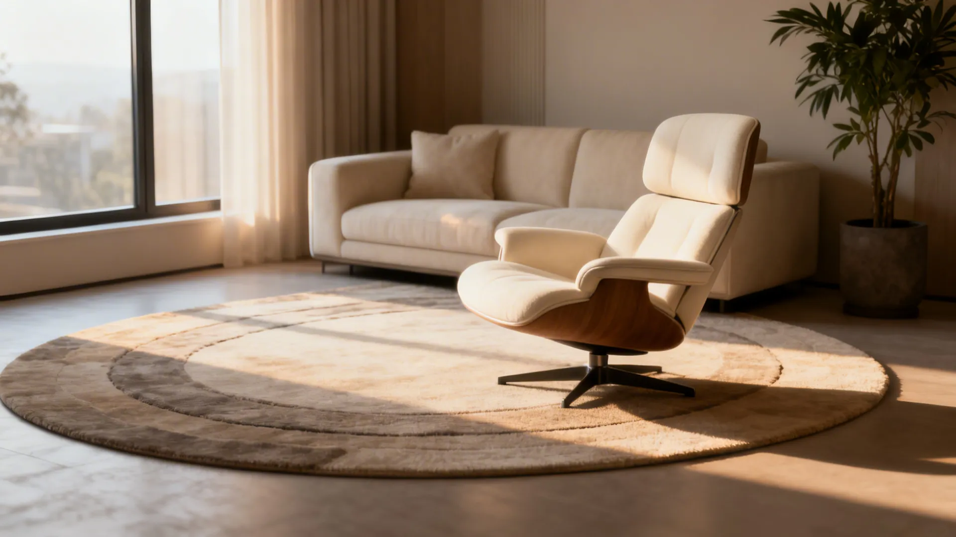 Cream swivel chair anchoring a conversation zone with window light