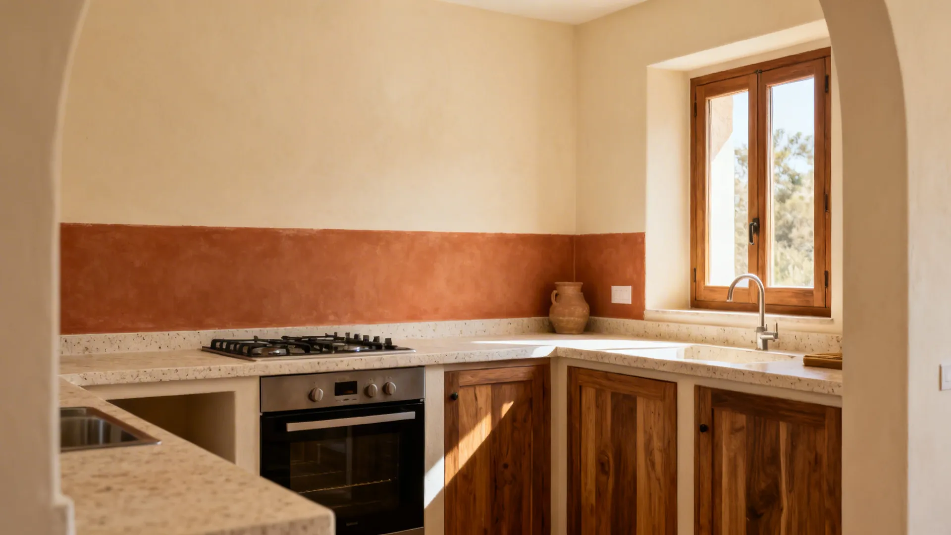Cream kitchen walls with a terracotta stripe above the backsplash, warmed by wood and stone textures.
