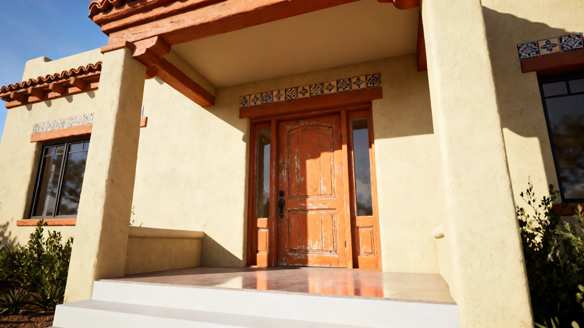 Sunny cream single wide with a terracotta door adding a welcoming pop of color.