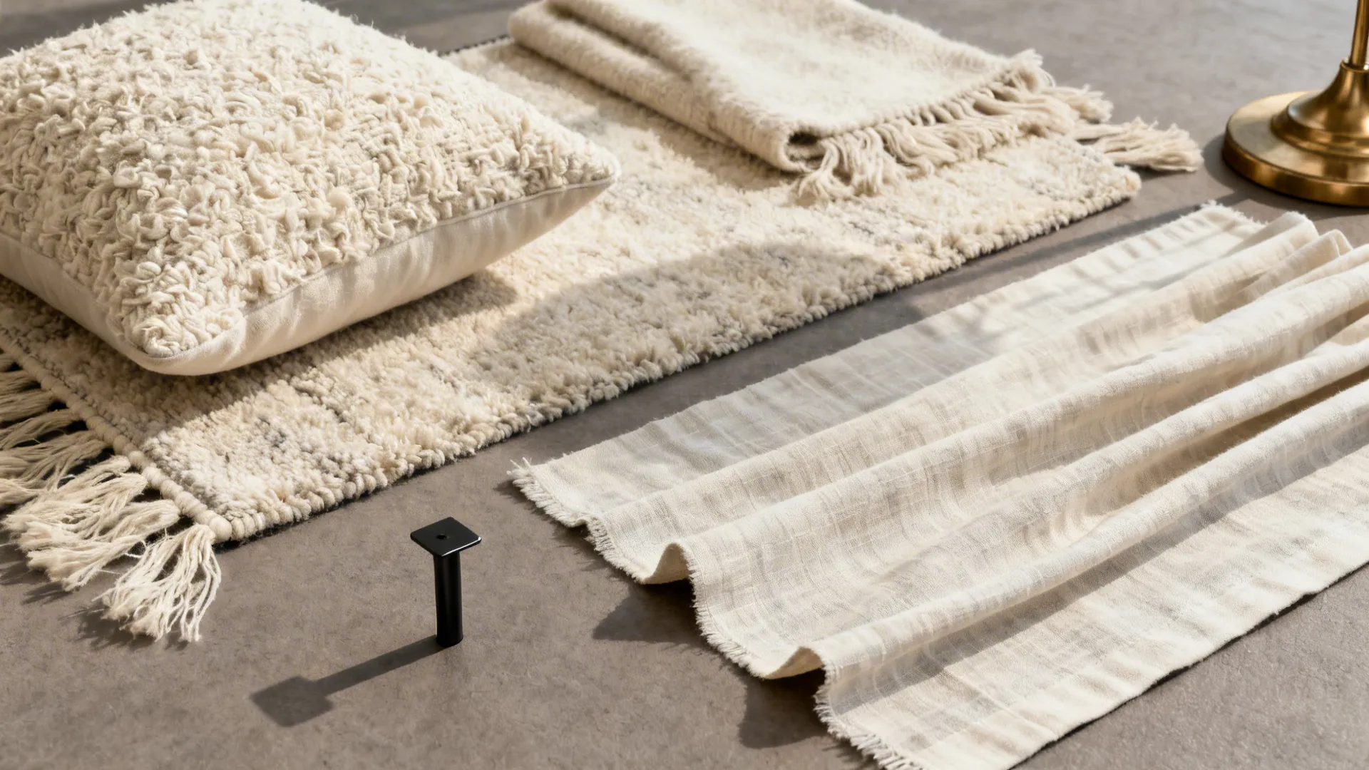 Flatlay of cream textiles: boucle cushion, wool throw and linen swatch on warm grey surface