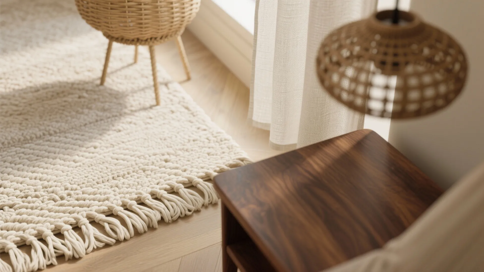 Close-up of cream rug, linen curtain, rattan pendant and walnut table grain showcasing layered textures.