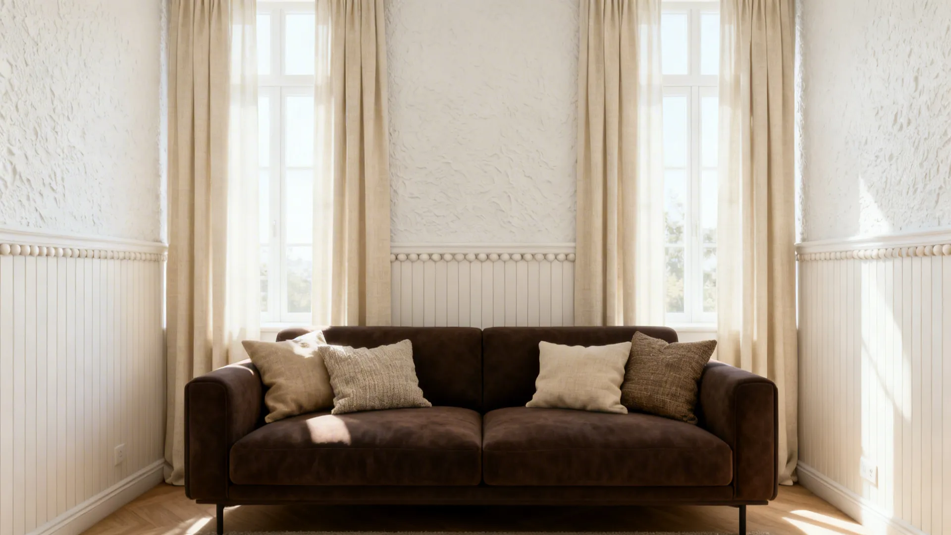 Bright small living room with cream textured walls and a dark brown couch with linen curtains