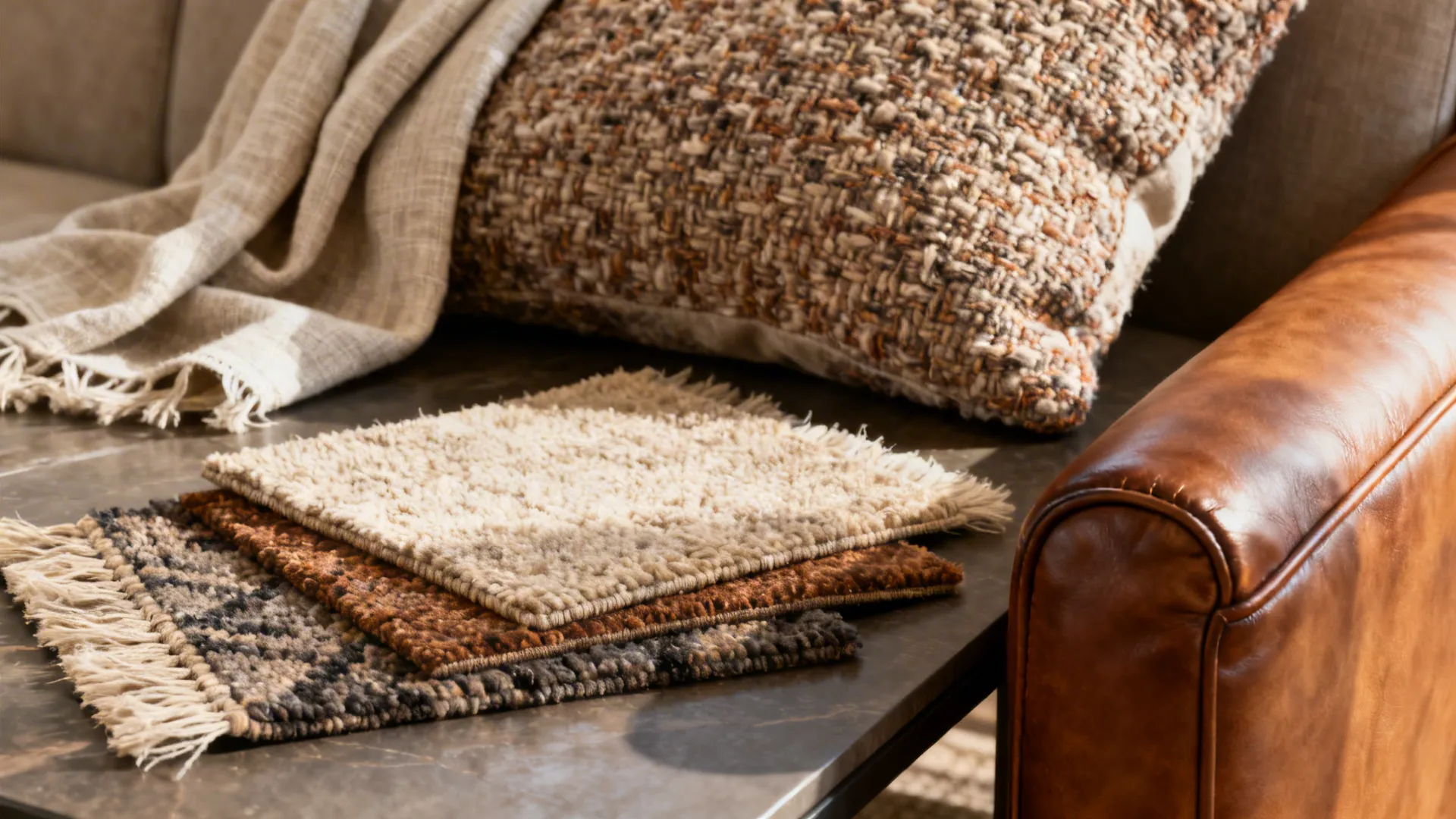 Close-up of cream boucle, linen, and leather textures layered together