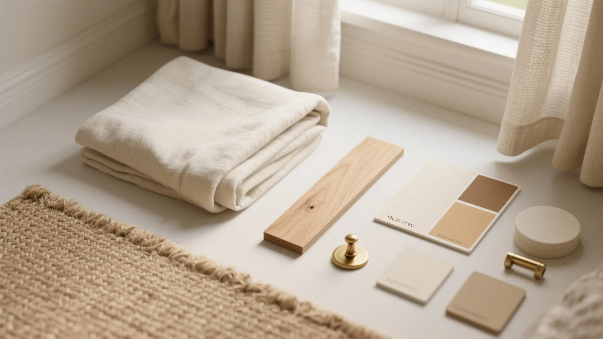 Interior design materials including cream fabric wood plank color swatches gold hardware and textured rug